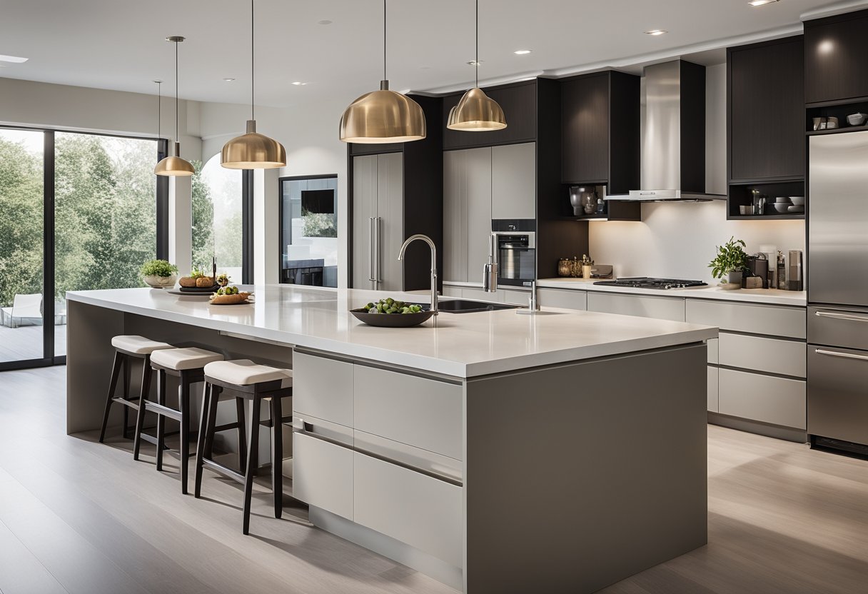 A spacious, well-lit kitchen with sleek, modern cabinets, a large central island, and integrated appliances. Clean lines and a neutral color palette create a contemporary and inviting space