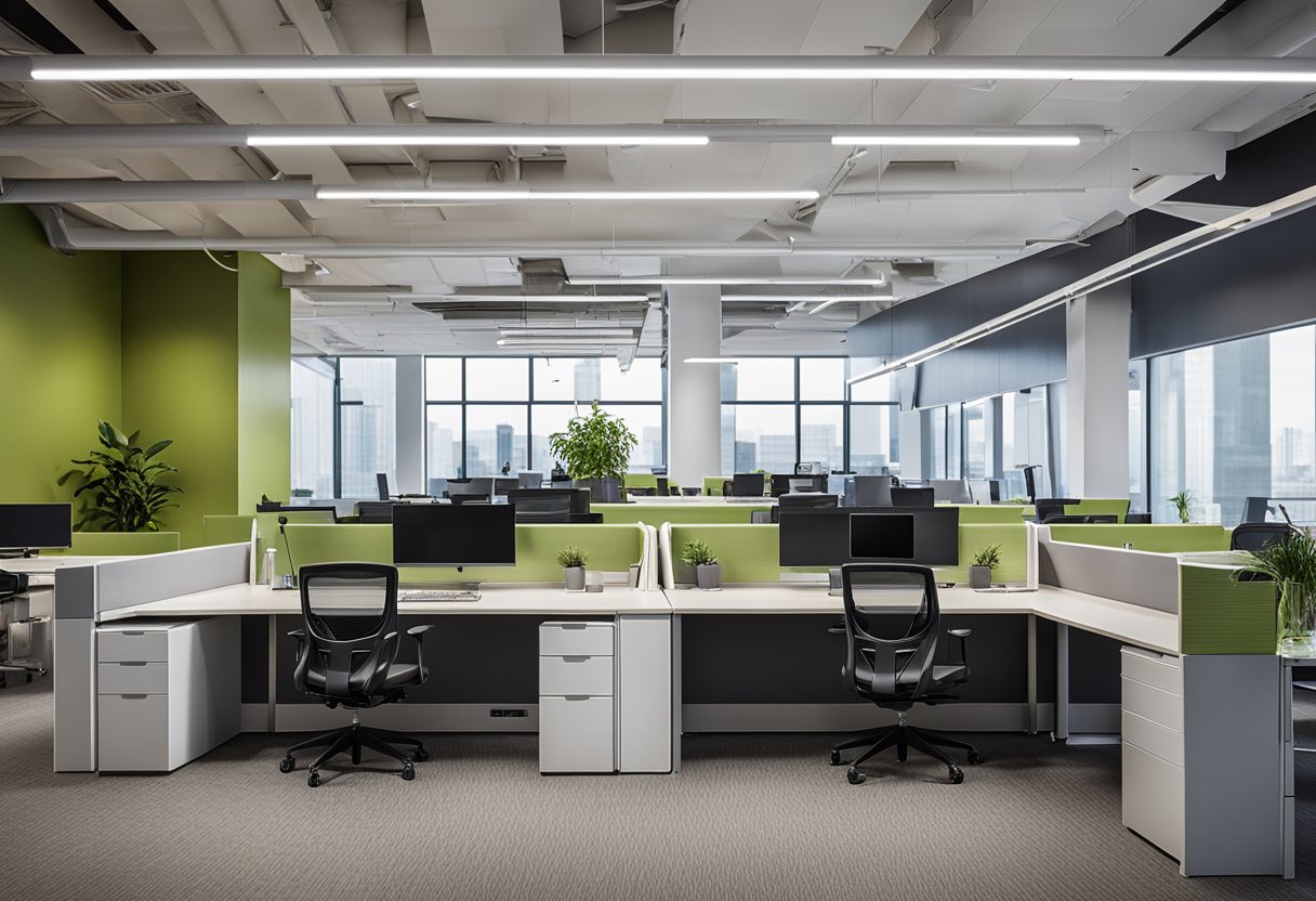 A modern, open-concept office space with ergonomic furniture, natural lighting, and vibrant accents. A mix of collaborative and private work areas with integrated technology