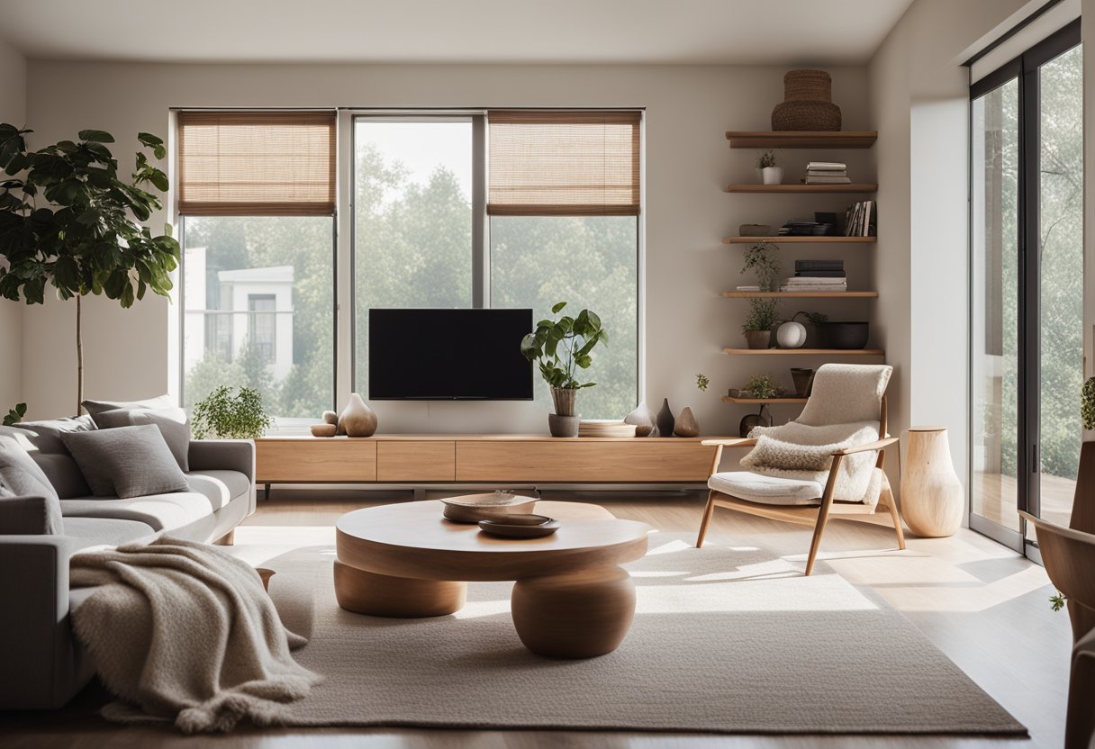 A cozy living room with minimalist furniture, natural materials, and neutral colors. Large windows let in plenty of natural light, and a fireplace adds warmth to the space