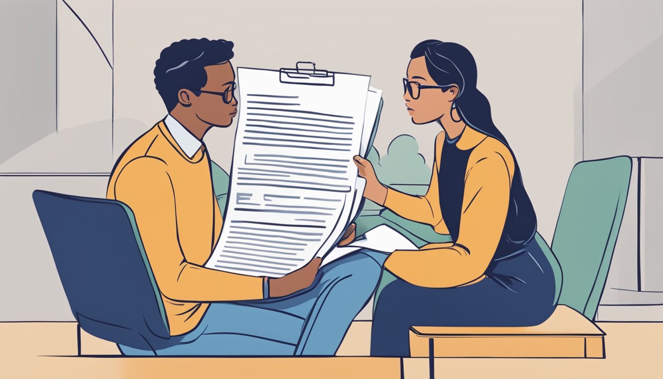 Two people sitting across from each other, discussing terms and conditions of a loan agreement. One person is holding a document while the other is listening attentively