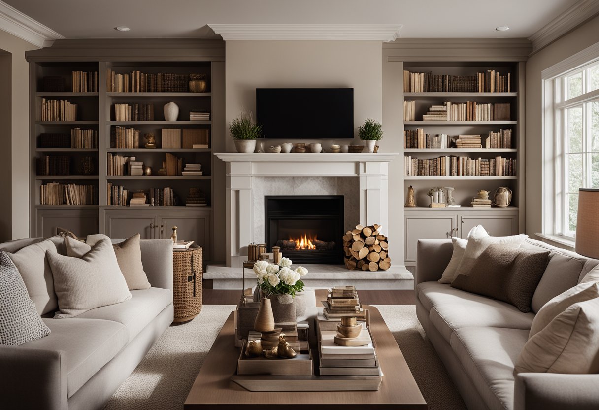 A cozy living room with a neutral color palette, plush furniture, and warm lighting. A large bookshelf filled with books and decorative items stands against one wall, while a fireplace with a crackling fire creates a cozy atmosphere