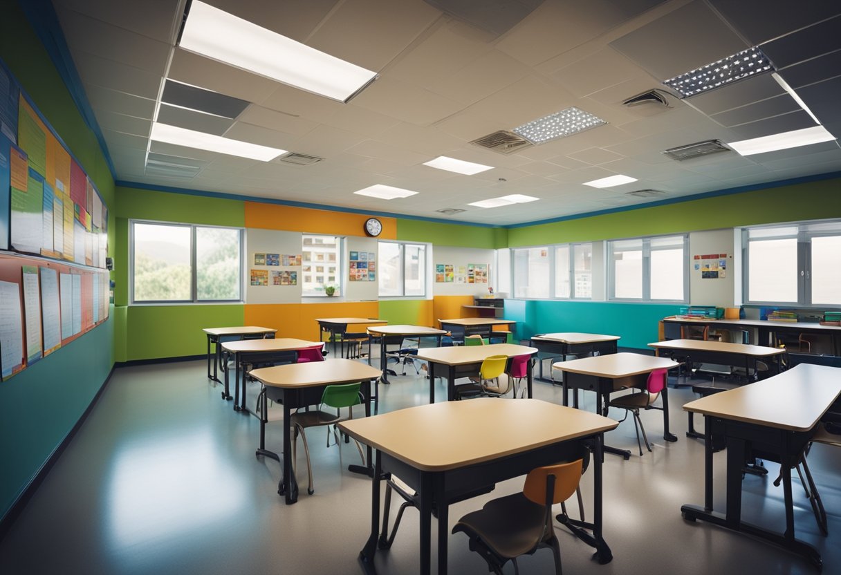 Brightly lit classroom with colorful educational posters on the walls, desks arranged in groups, and a large whiteboard at the front of the room