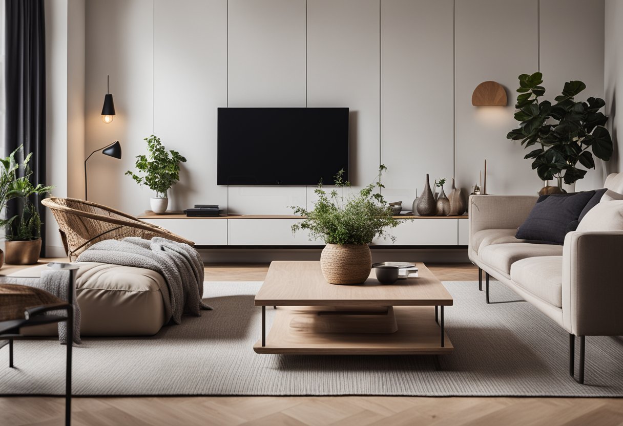 A cozy living room with minimalist furniture, natural light, and neutral colors. A fireplace and wooden floors add warmth to the space