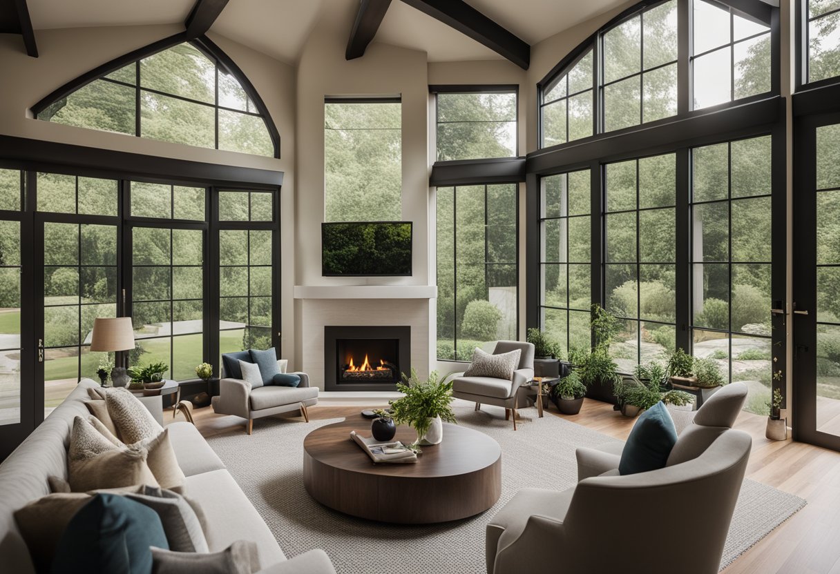 A cozy living room with a fireplace and large windows overlooking a lush garden, furnished with modern and comfortable seating, and adorned with stylish decor and artwork