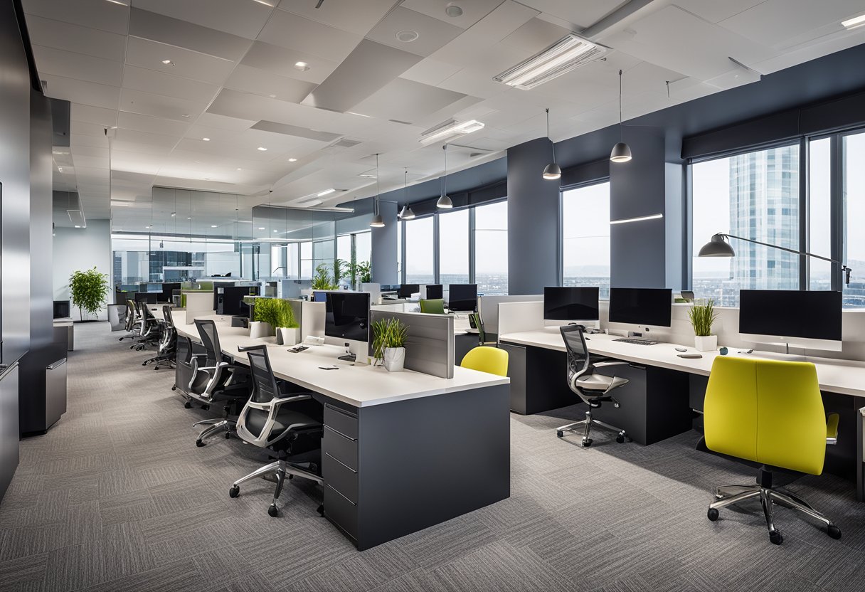 A modern office with sleek furniture, bright lighting, and vibrant accent colors. Open floor plan with designated work areas and collaborative spaces. Tech-savvy design elements and branding displayed throughout the space