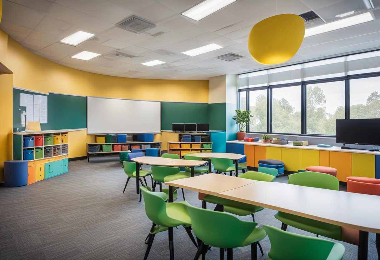 Bright, open classroom with flexible seating, interactive technology, and natural lighting. Colorful, student-centered decor promotes collaboration and creativity