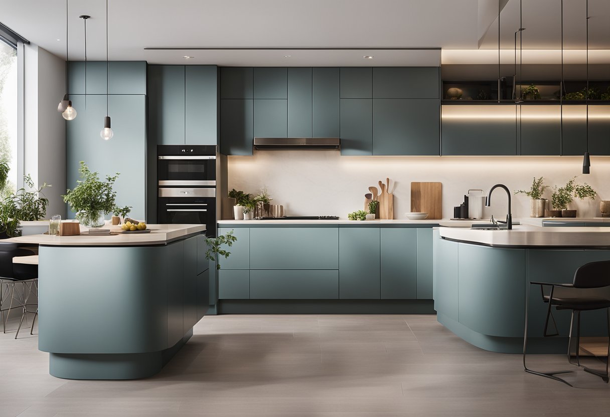 A spacious, modern kitchen with sleek cabinets, integrated appliances, and clever storage solutions. Bright lighting and clean lines create a functional and stylish space