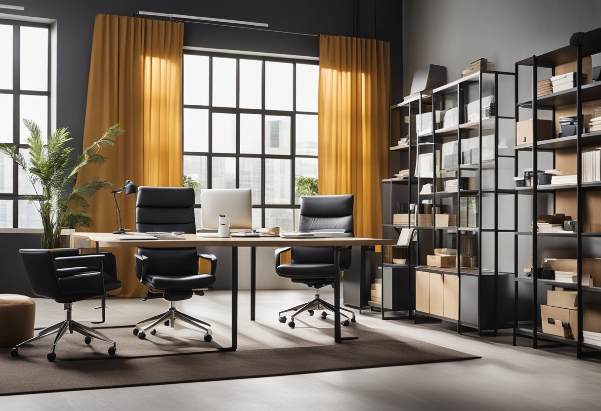 A sleek, modern office with minimalist furniture, large windows letting in natural light, and a mood board filled with color swatches and fabric samples