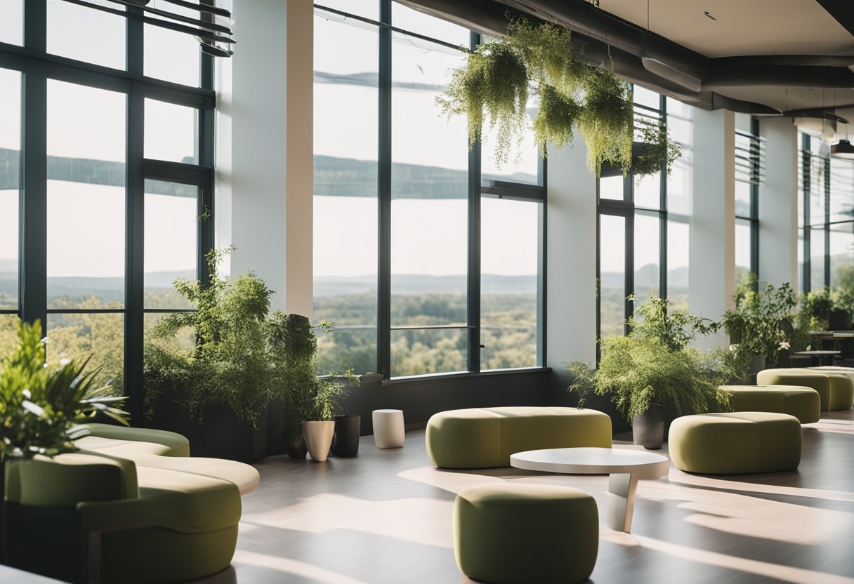 Bright, open spaces with natural light, greenery, and comfortable seating. Soft, calming colors and artwork promoting positivity and mental well-being