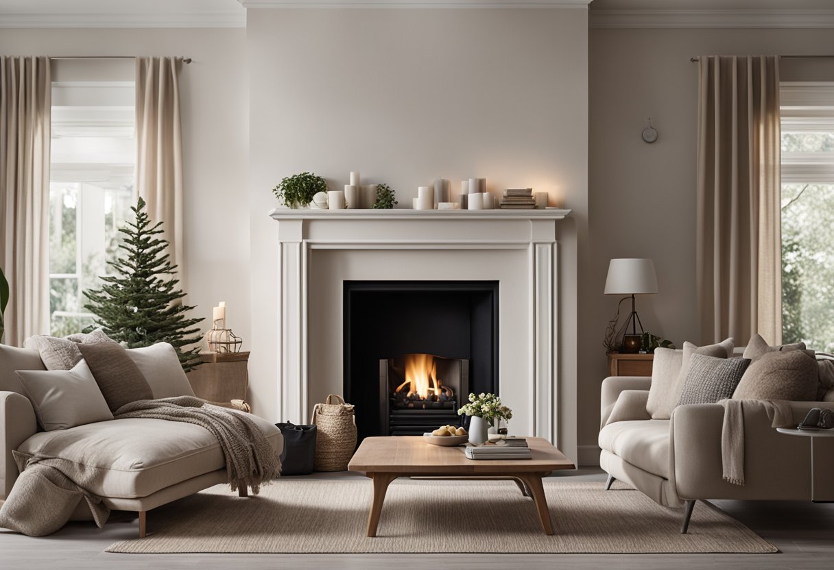 A cozy living room with minimal furniture, natural light, and neutral colors. A fireplace and warm textiles add a touch of hygge