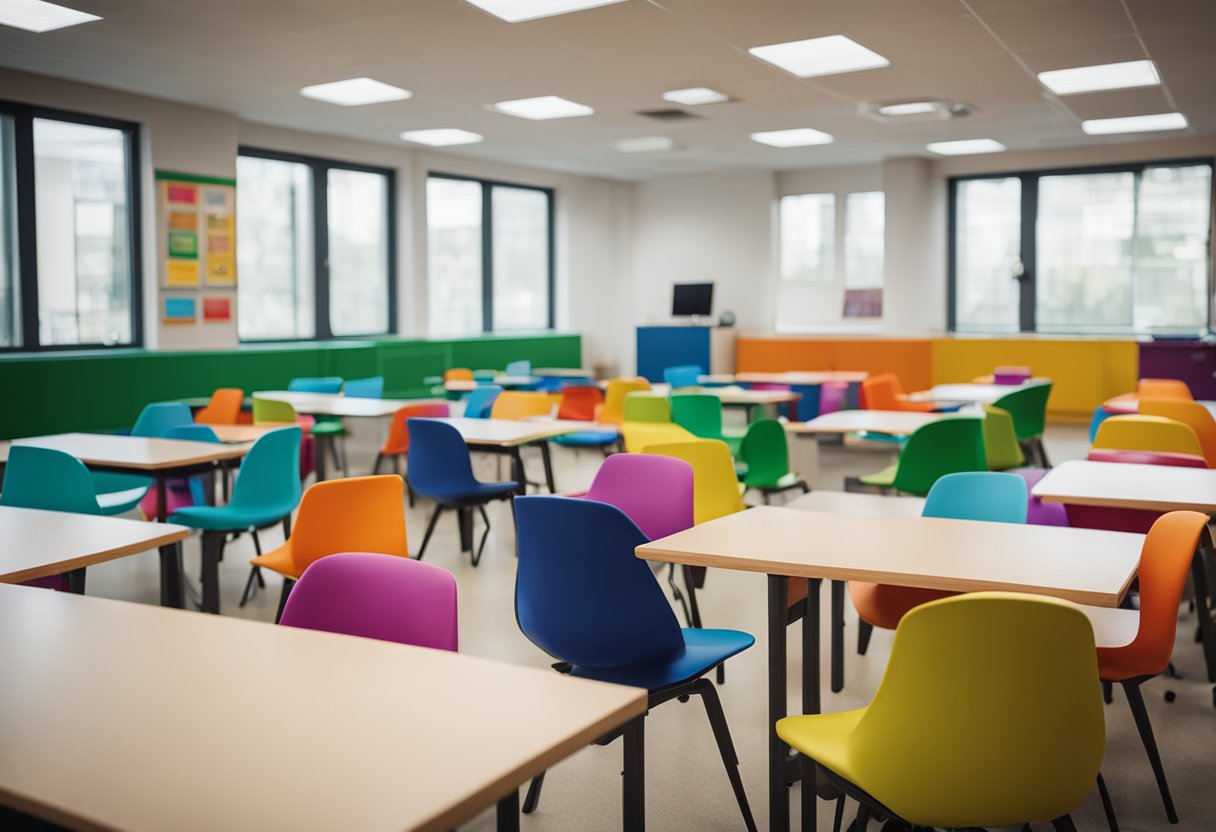A classroom with colorful, ergonomic furniture and interactive learning tools arranged in an organized and welcoming manner