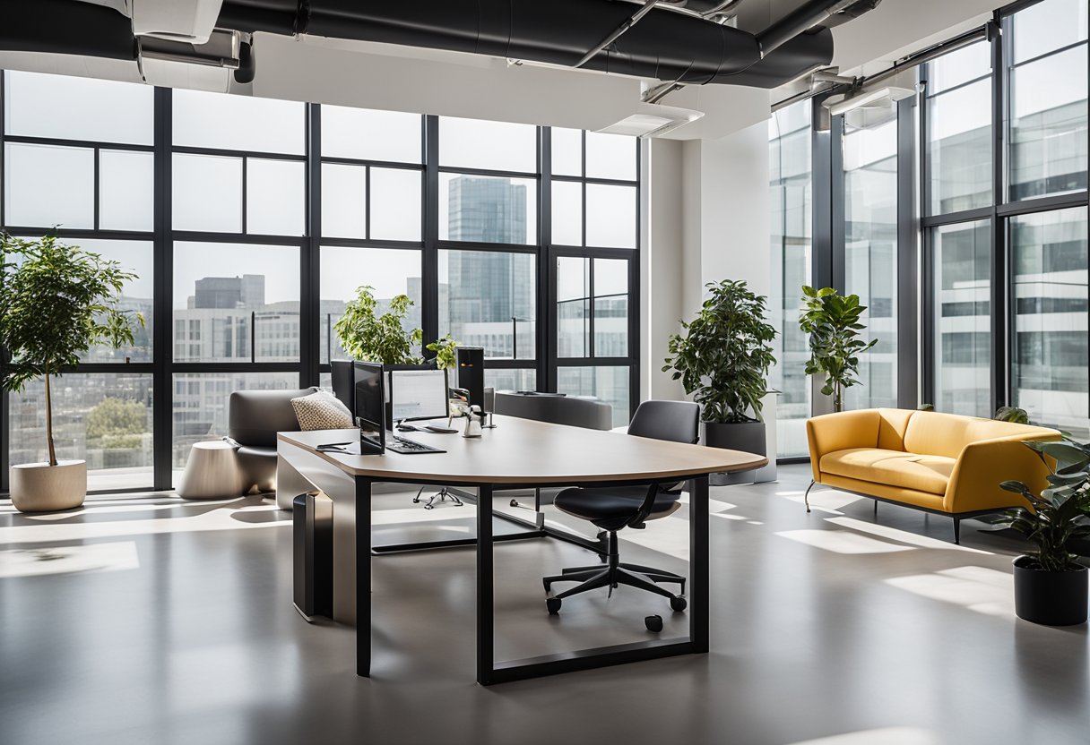 A sleek, modern office space with clean lines, minimalist furniture, and pops of color. A large window lets in natural light, highlighting the carefully curated design elements