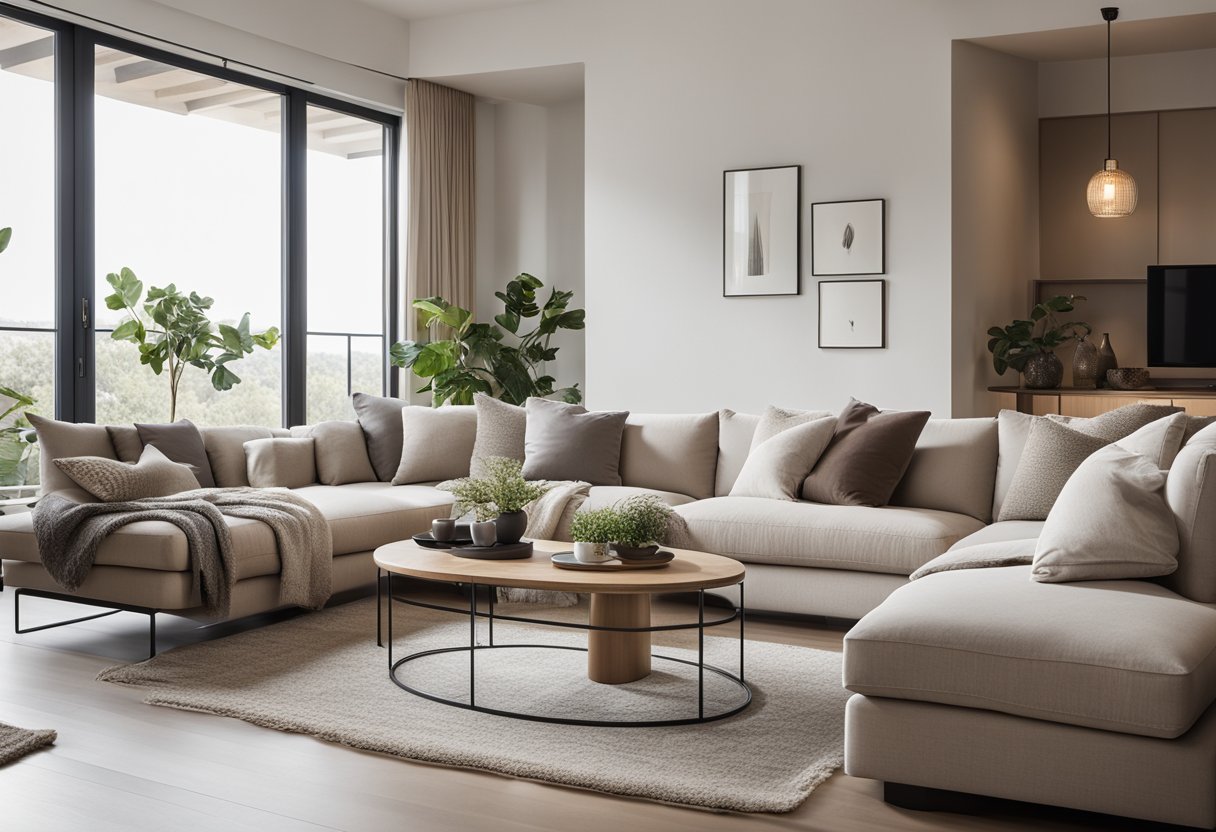 A cozy living room with minimalist furniture, natural light, and neutral colors. Clean lines, natural materials, and functional design elements create a serene and inviting space