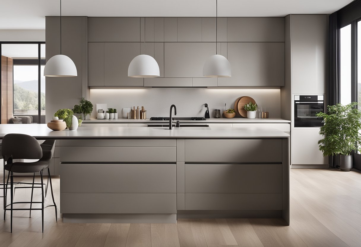 A sleek, modern kitchen with modular cabinets, integrated appliances, and a spacious island. Clean lines, neutral colors, and clever storage solutions create a functional and stylish space