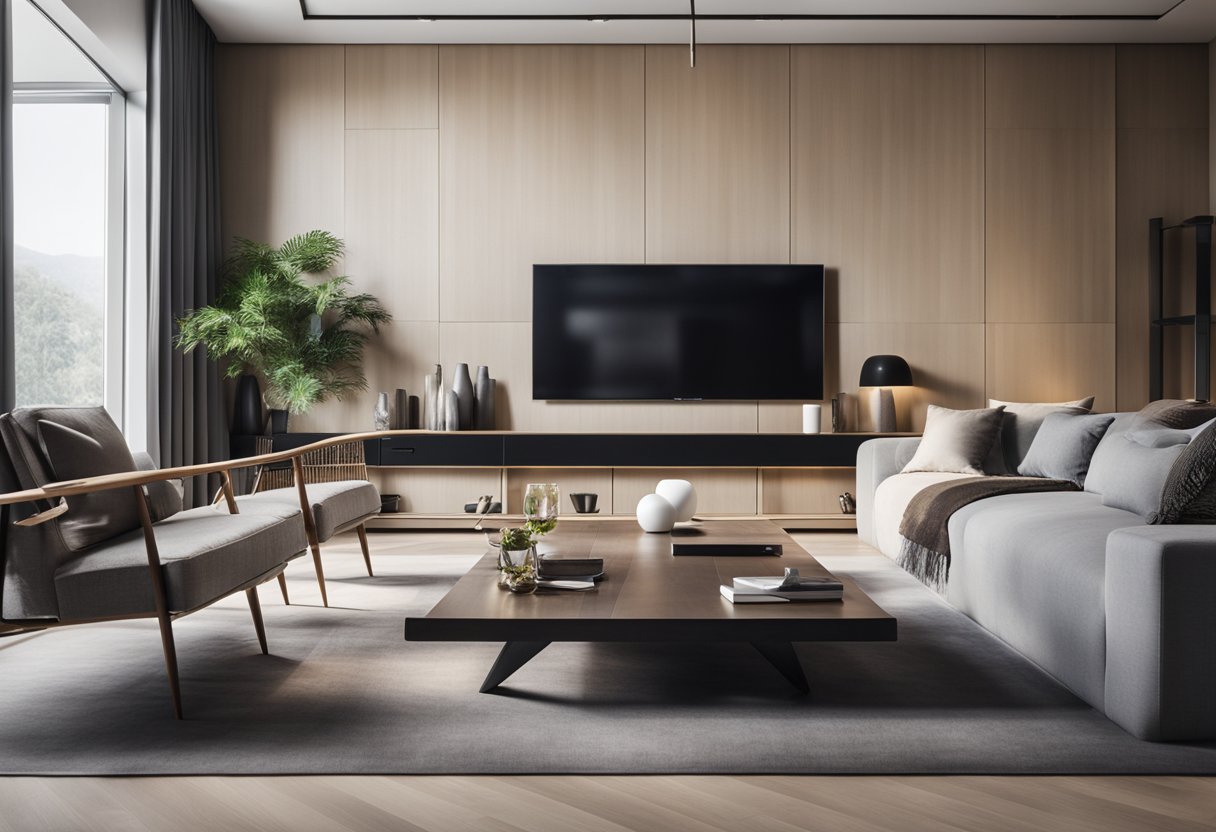 A sleek, modern living room with a statement wall, designer furniture, and abundant natural light
