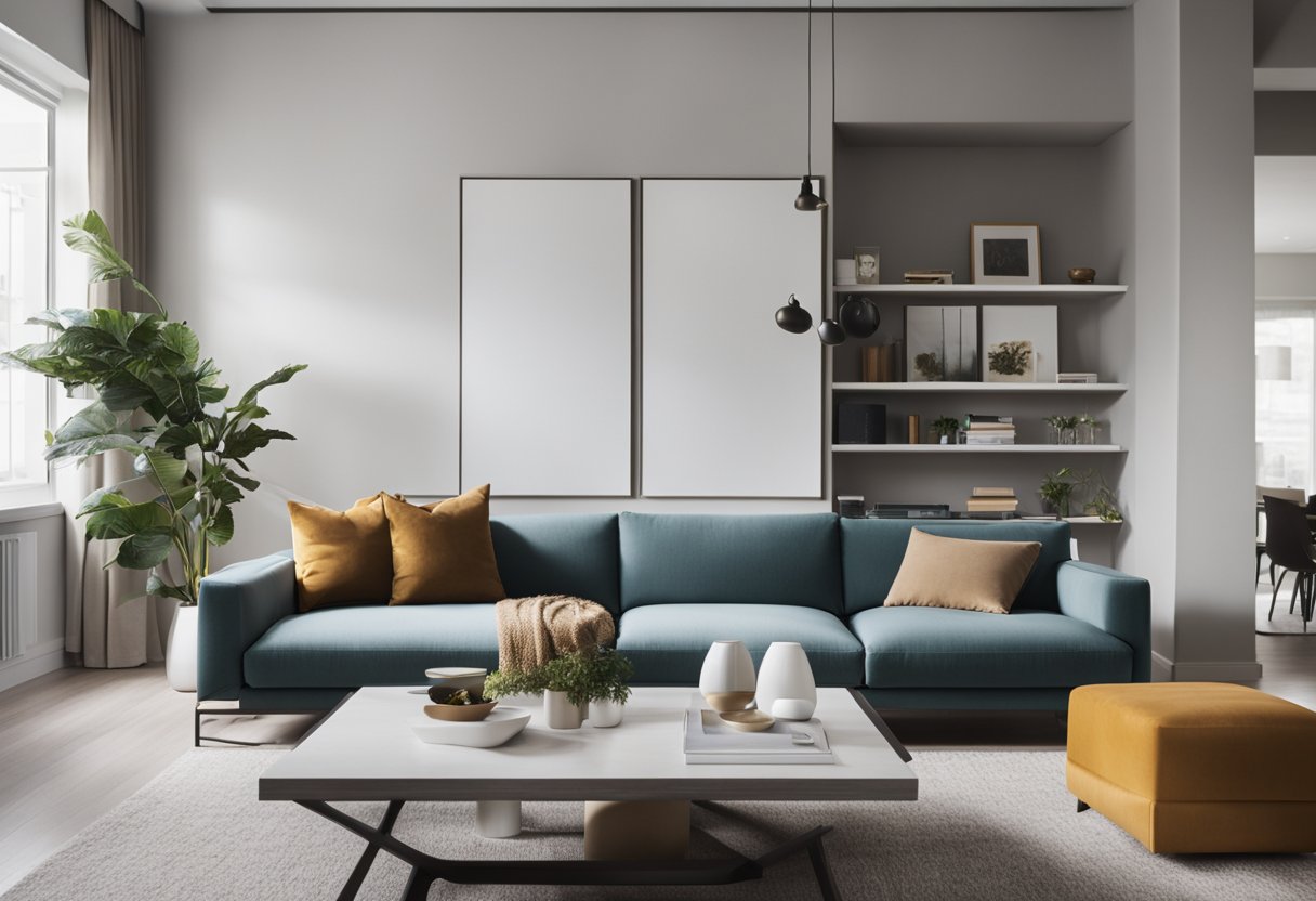 A sleek, modern living room with minimalist furniture and pops of color. Clean lines and a sense of space and organization