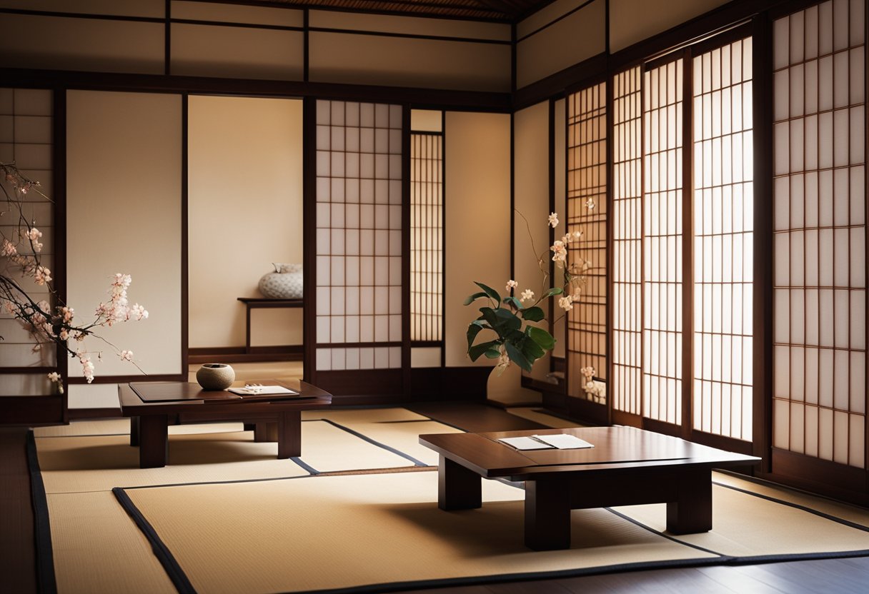 A tatami mat room with sliding shoji doors, low wooden furniture, and paper lanterns casting a warm glow. A tokonoma alcove displays a simple flower arrangement