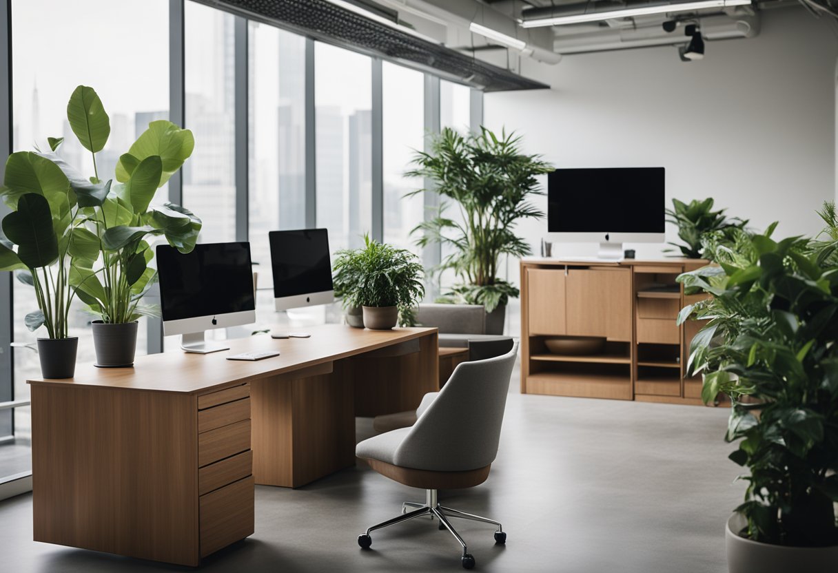 A modern office space with sleek furniture and earthy tones, accented by potted plants and natural light