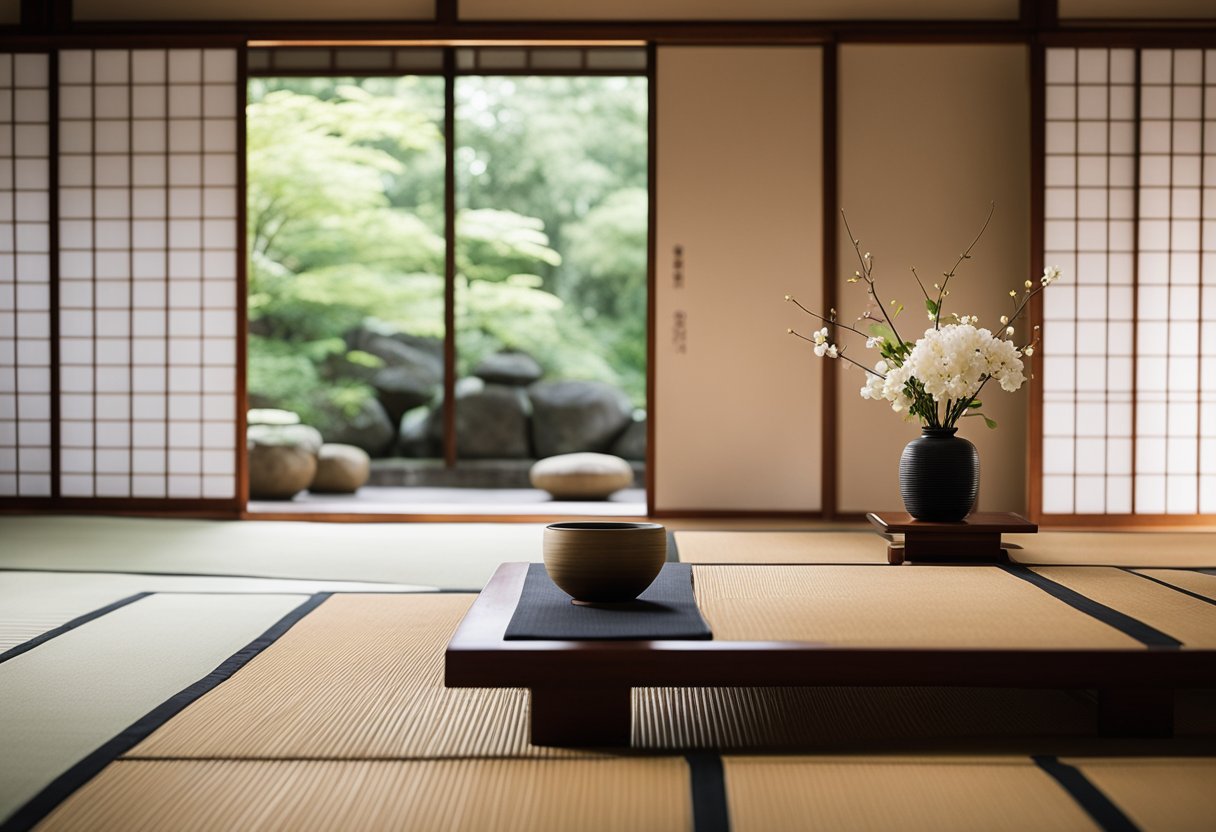 A tatami mat room with sliding shoji screens, low wooden furniture, and minimalist decor. A tokonoma alcove displays a simple flower arrangement