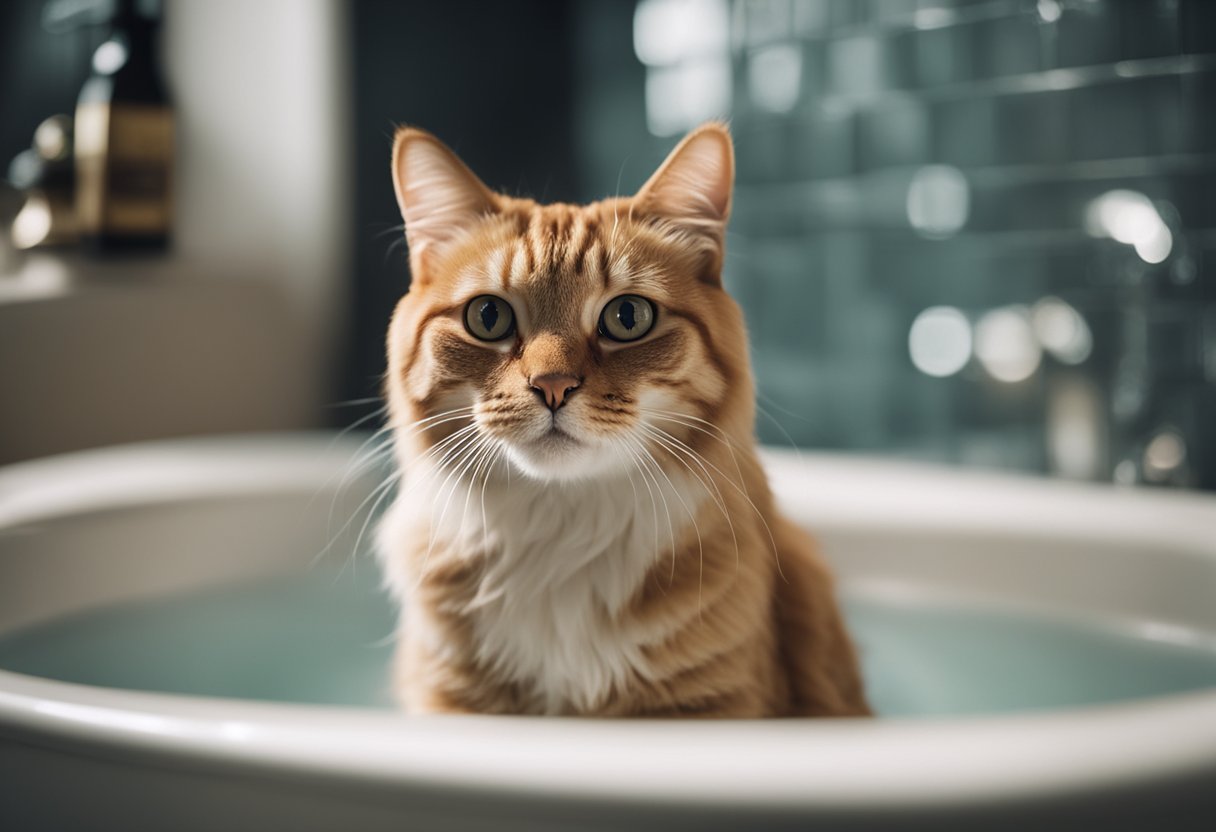 A cat sitting in a bathtub, water running, with a bottle of cat shampoo on the edge