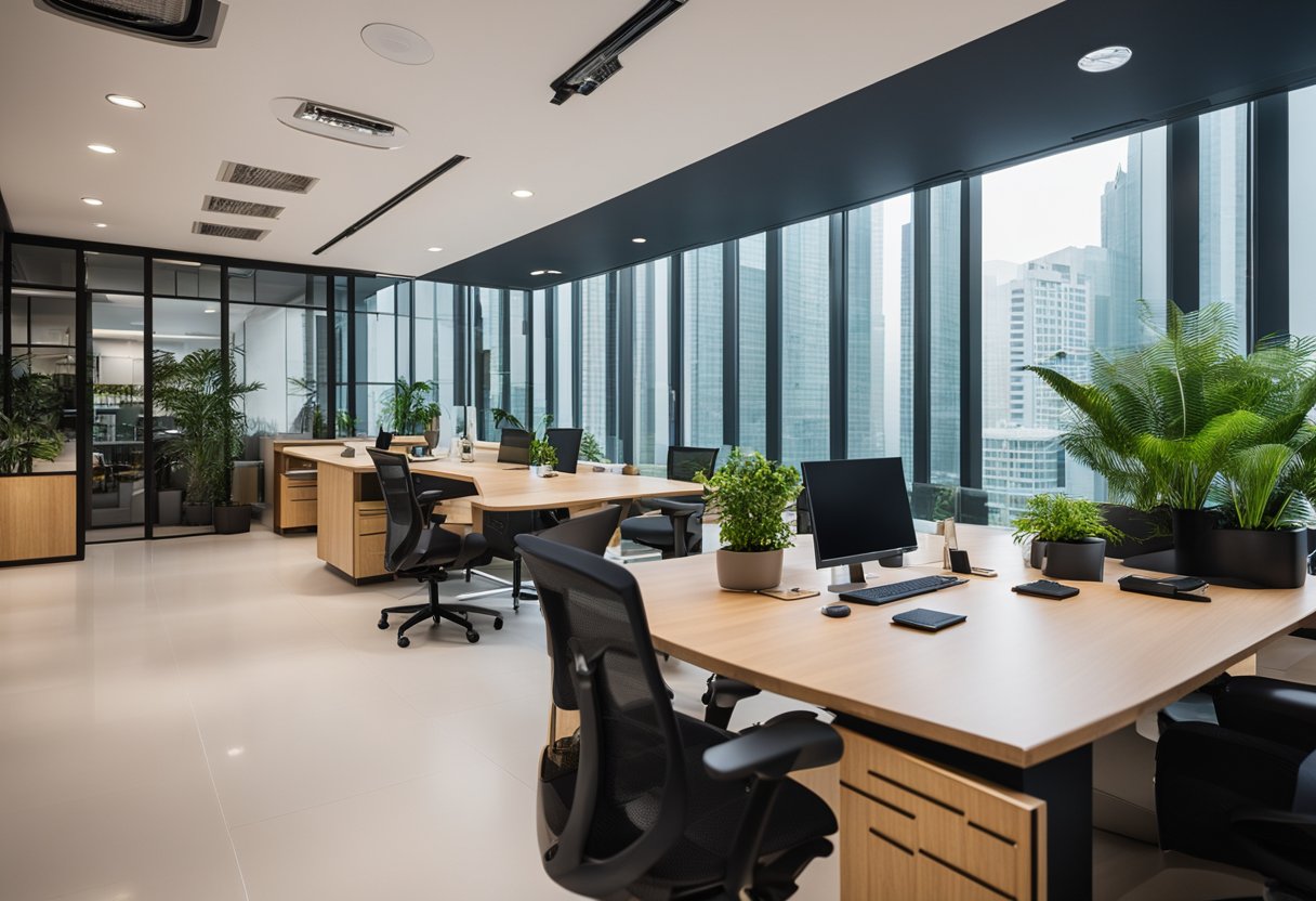 A modern office space with sleek furniture and vibrant decor, showcasing the expertise of Earth Interior Design Pte Ltd