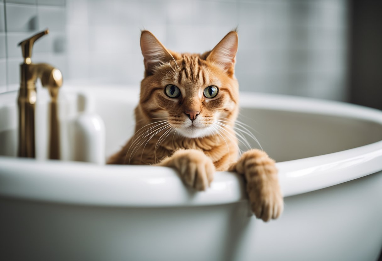 A cat sitting in a bathtub, looking uncomfortable, with a bottle of cat shampoo and a towel nearby