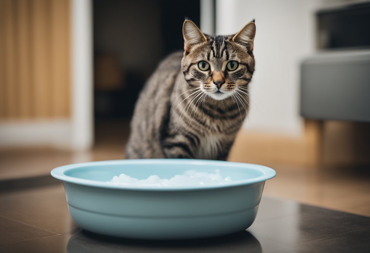 A cat standing next to a water bowl, with a questioning expression and a slight grimace, as if considering whether to bathe