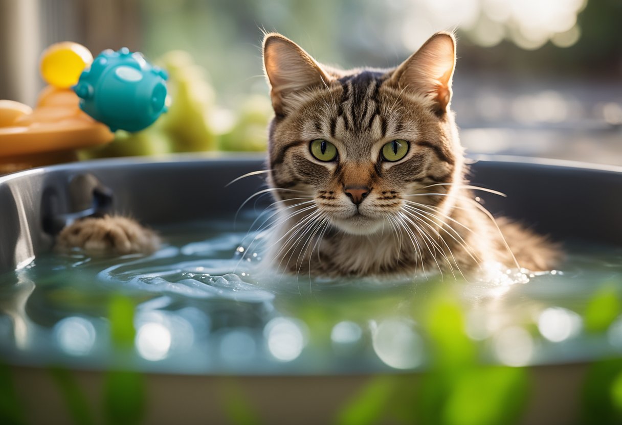 A cat sitting calmly in a shallow tub of water, with a gentle stream of water from a handheld sprayer, surrounded by a few cat-friendly toys