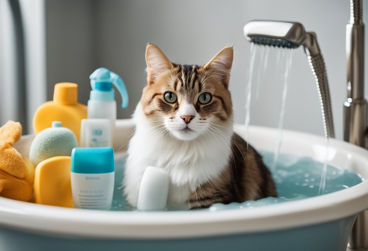 A cat sitting in a shallow tub of water, with a gentle stream of water from a handheld shower head, surrounded by various cat-friendly bathing products and accessories
