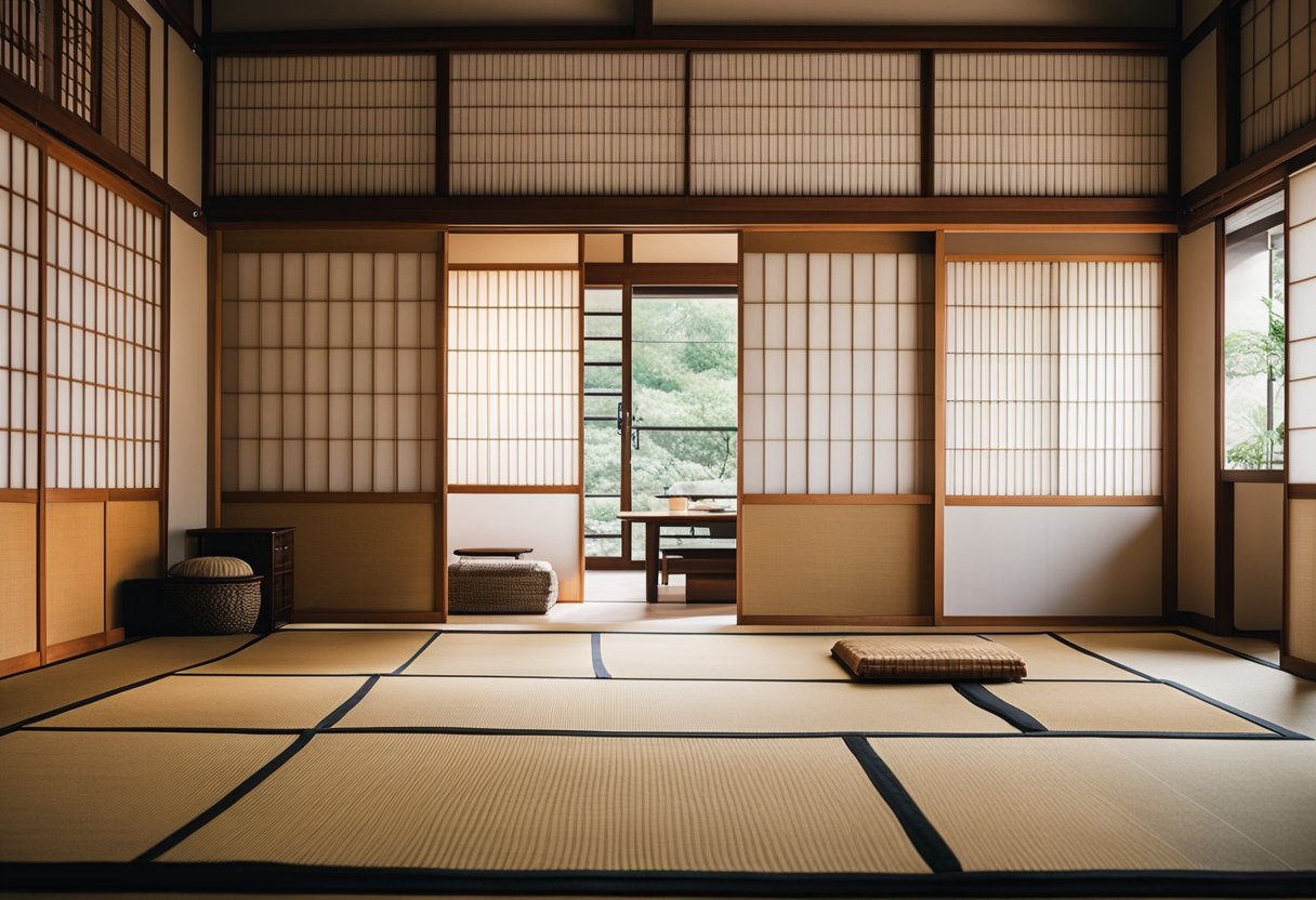 A traditional Japanese interior with sliding doors, tatami mats, low wooden furniture, shoji screens, and minimal decor