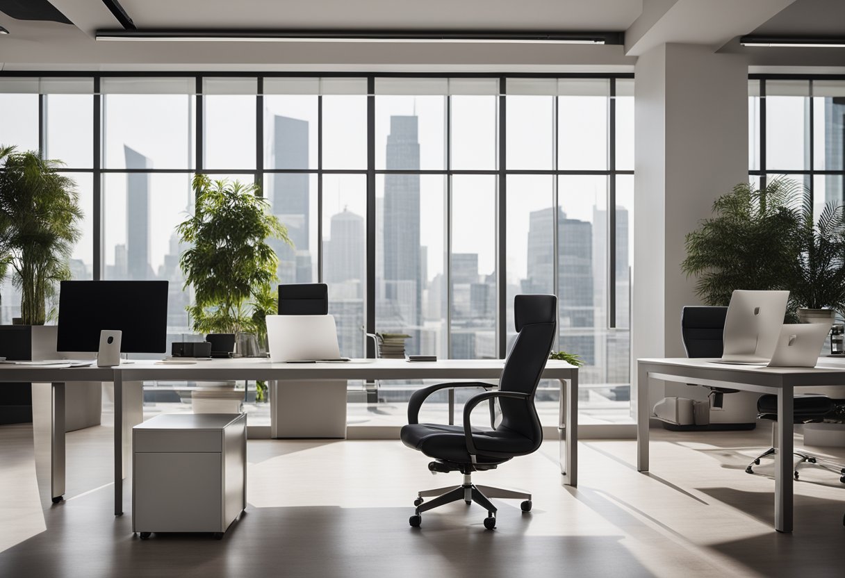 A modern office space with sleek furniture and a minimalist design aesthetic. Clean lines and neutral colors create a professional and inviting atmosphere