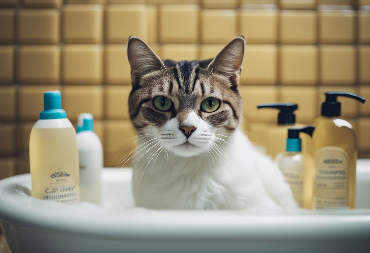 A cat sitting in a bathtub, surrounded by bottles of cat shampoo and a towel, with a concerned owner looking on