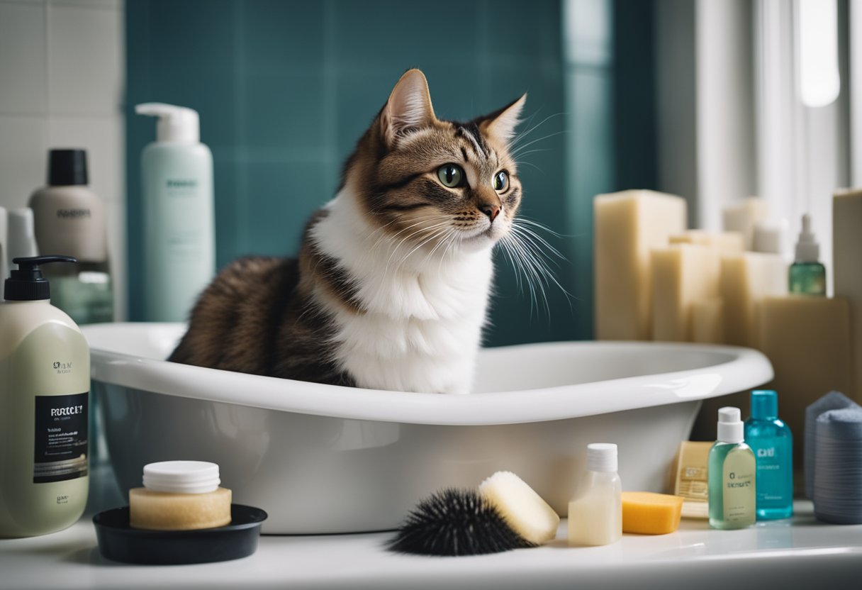 A cat sitting in a bathtub, with a puzzled expression, surrounded by various grooming products