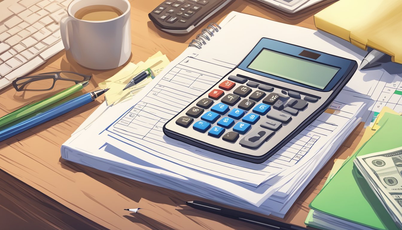 A stack of financial articles on personal loans lies on a desk, surrounded by a calculator, pen, and notepad