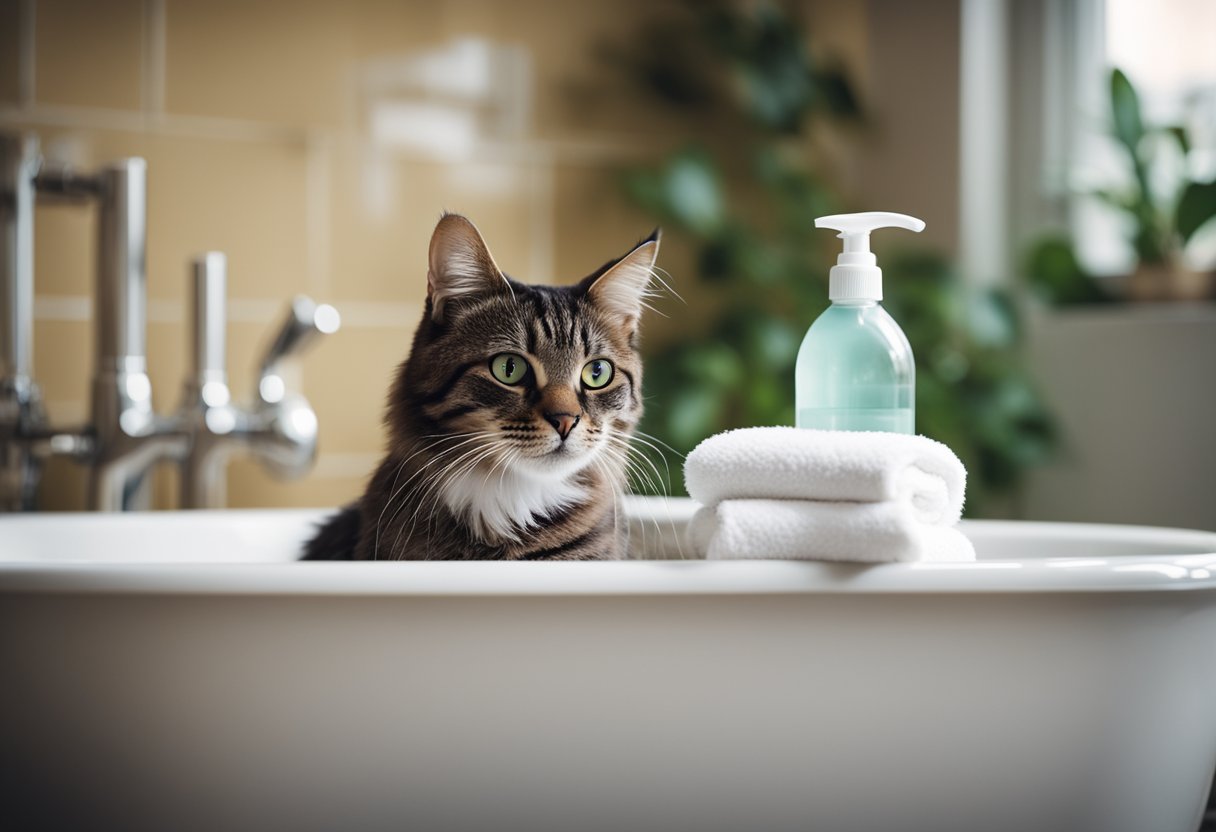 A cat sitting in a clean bathtub, with a bottle of cat shampoo and a towel nearby