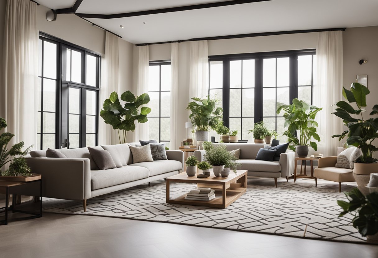 A modern living room with sleek furniture, a neutral color palette, and geometric patterns on the rugs and throw pillows. Large windows let in natural light, and potted plants add a touch of greenery