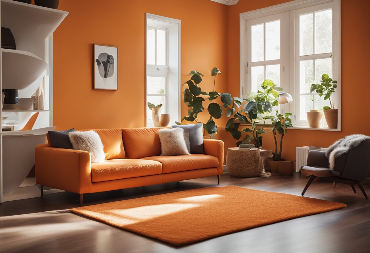 The room has orange walls, a plush orange rug, and modern orange furniture. The sunlight streams in, casting a warm glow over the space