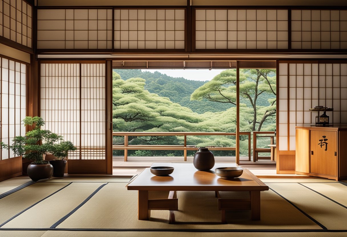 A traditional Japanese interior with sliding doors, tatami mats, low wooden furniture, and minimal decorations