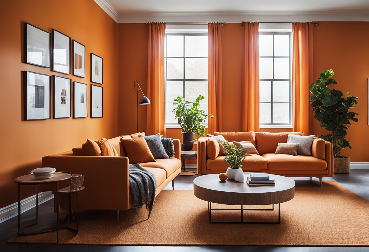 A modern living room with orange accent walls, a plush orange sofa, and vibrant orange throw pillows. The room is bathed in natural light, casting a warm and inviting glow