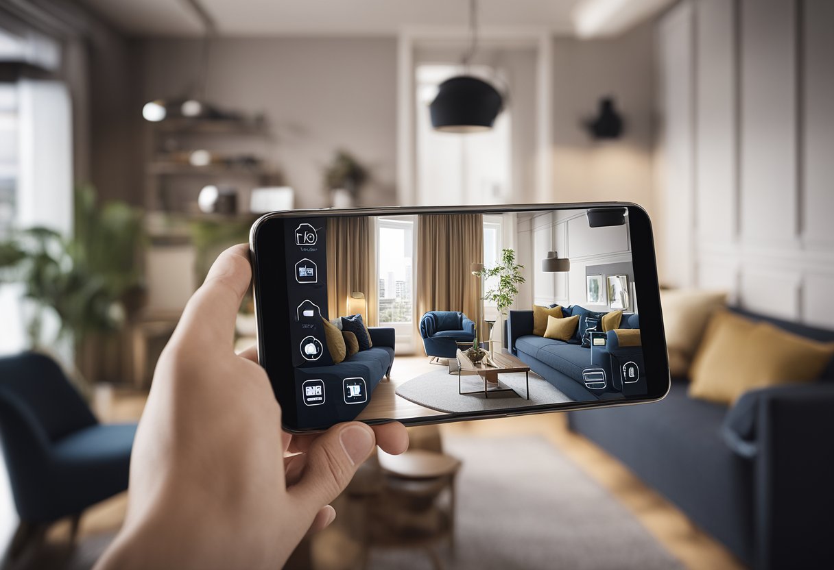 A smartphone displaying an interior design app, with virtual furniture placement and room customization, revolutionizing home decor