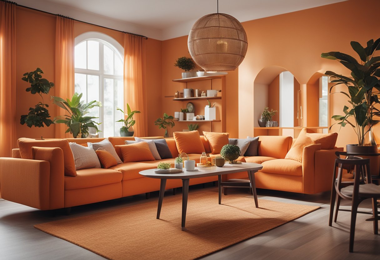 An orange-themed room with citrus accents, warm lighting, and cozy furniture