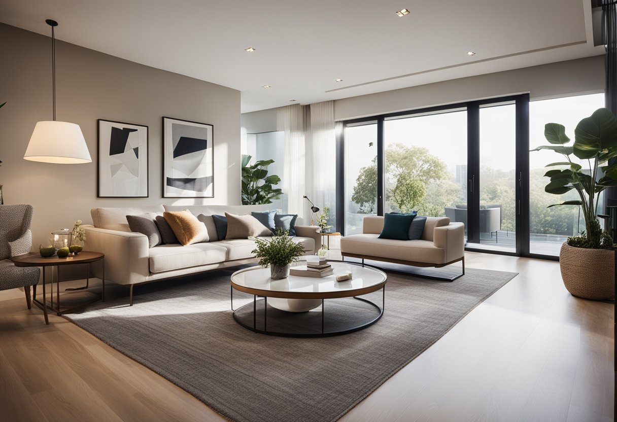 A spacious, modern living room with elegant furniture and vibrant decor. Natural light floods the room through large windows, creating a warm and inviting atmosphere