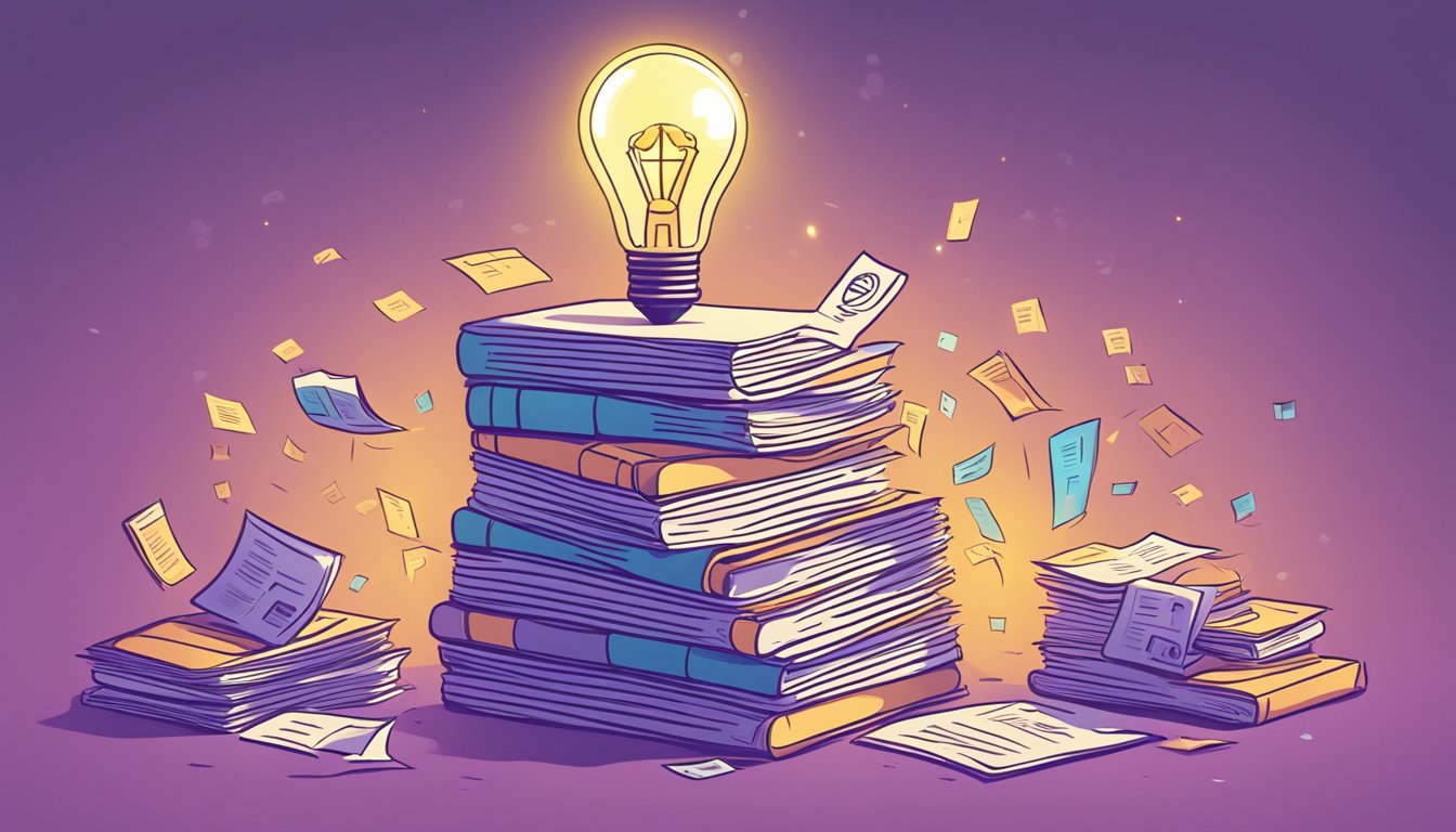 A stack of personal loan articles surrounded by question marks and a spotlight, representing frequently asked questions