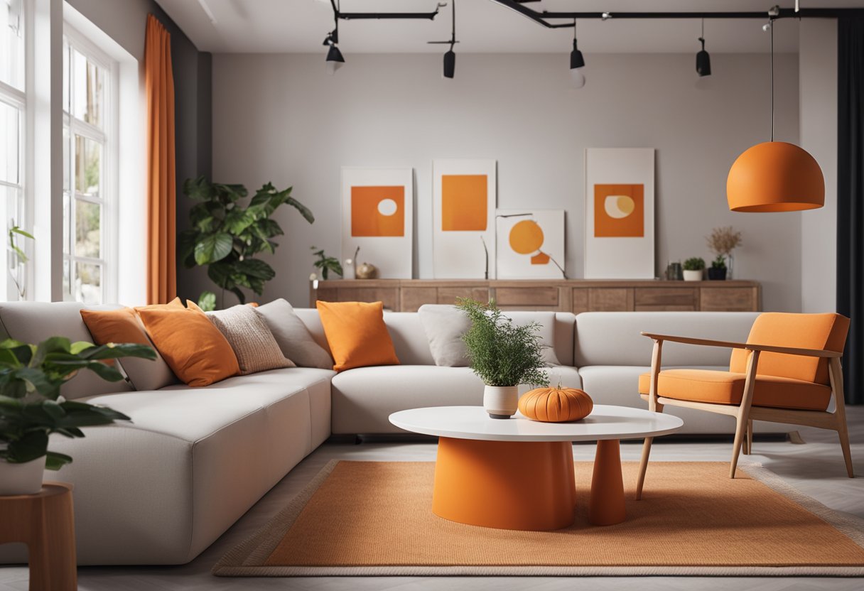 An inviting orange-themed interior with modern furniture and decor. A FAQ section on the wall, with a cozy seating area for visitors
