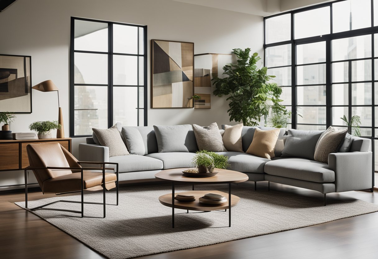 A modern living room with sleek furniture, neutral color palette, and natural light streaming in through large windows. Textures and patterns add visual interest