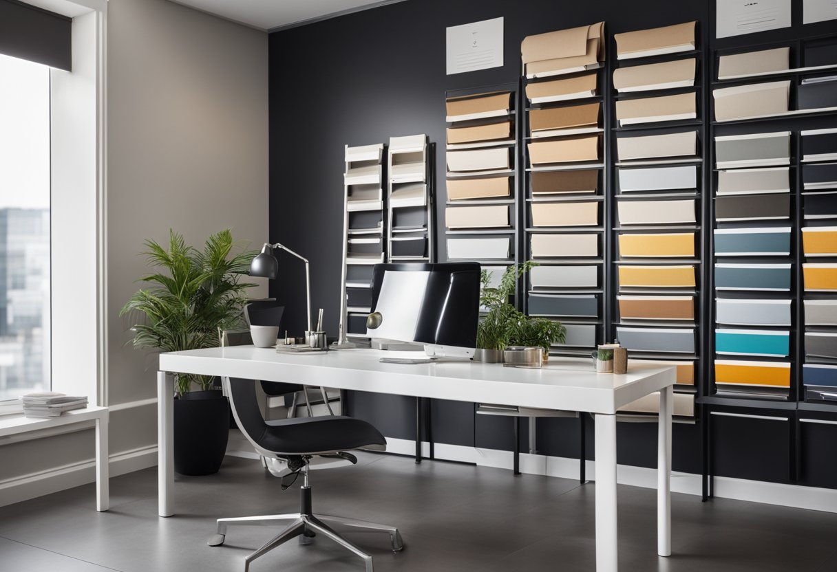 A sleek, modern office space with a minimalist desk, designer chair, and a wall adorned with fabric swatches and paint samples