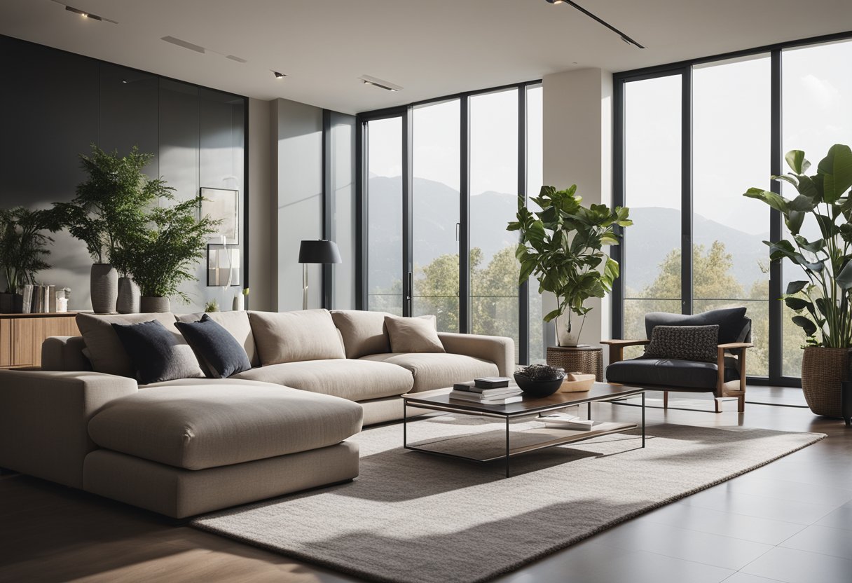 A modern living room with a minimalist color palette, sleek furniture, and large windows allowing natural light to fill the space