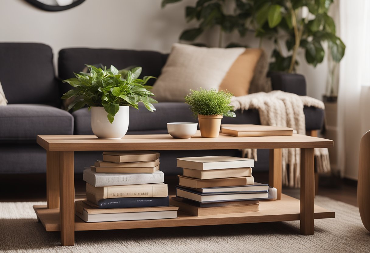 A cozy living room with a plush sofa, warm lighting, and a stack of books on a wooden coffee table. A soft rug and potted plants add a touch of nature to the space
