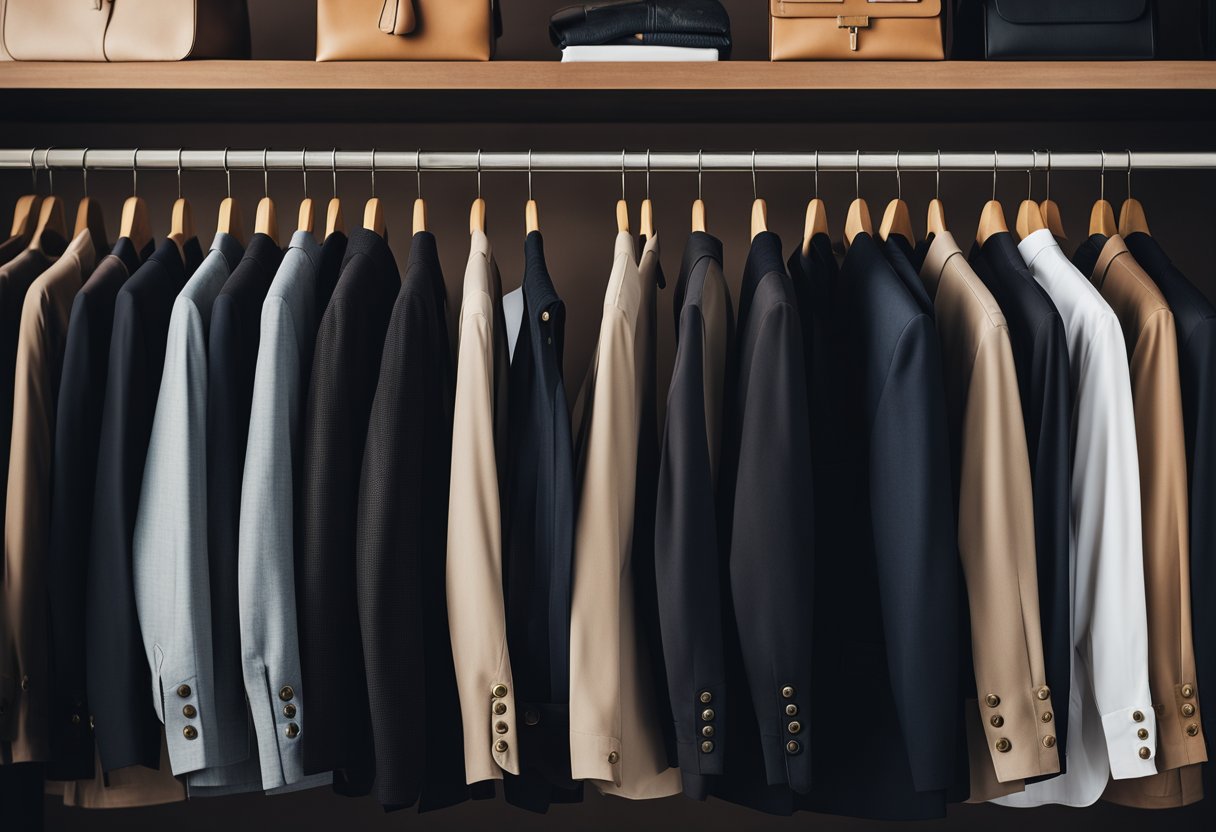 A sleek black blazer hangs on a brass clothing rack, next to a row of neatly folded neutral-toned shirts and a collection of stylish, comfortable shoes