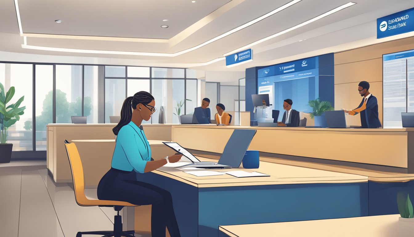A customer signing a contract for a Standard Bank personal loan at a desk in a well-lit bank branch